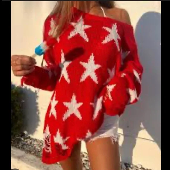 Wildfox Red Star Pattern Distressed Knit Sweater - Picture 4 of 4